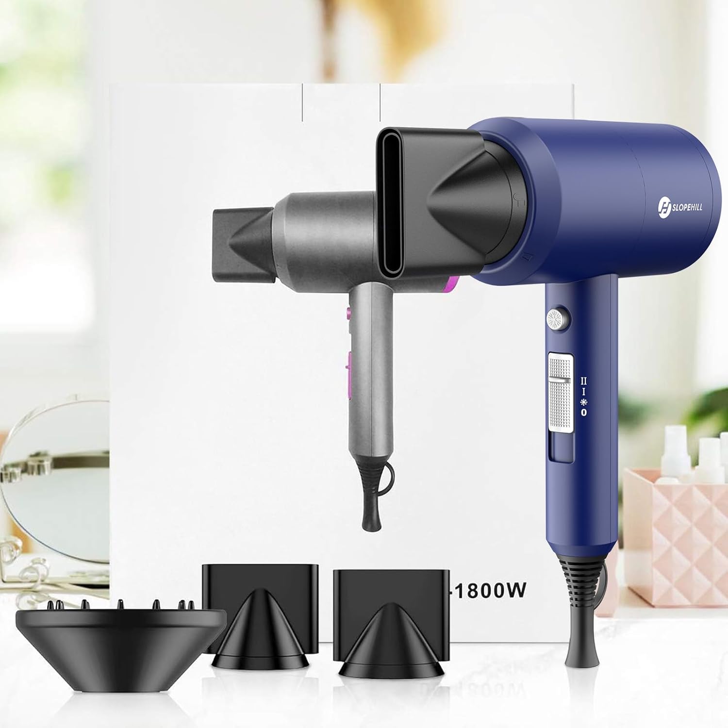 slopehill Professional Ionic Hair Dryer, Powerful 1800W Fast Drying Low Noise Blow Dryer with 2 Concentrator Nozzle 1 Diffuser Attachments for Home Salon Travel (Mocha Mousse)