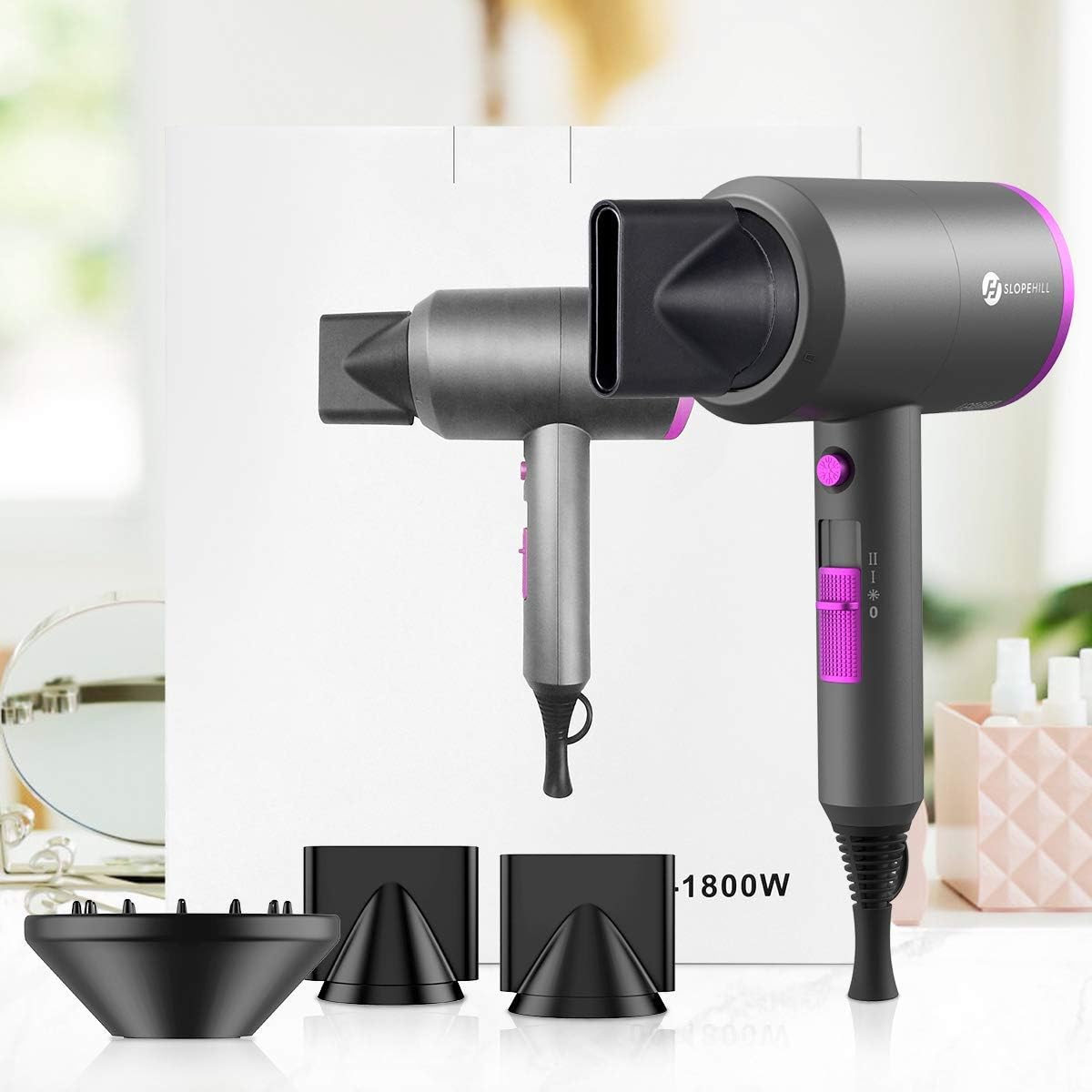 slopehill Professional Ionic Hair Dryer, Powerful 1800W Fast Drying Low Noise Blow Dryer with 2 Concentrator Nozzle 1 Diffuser Attachments for Home Salon Travel (Mocha Mousse)