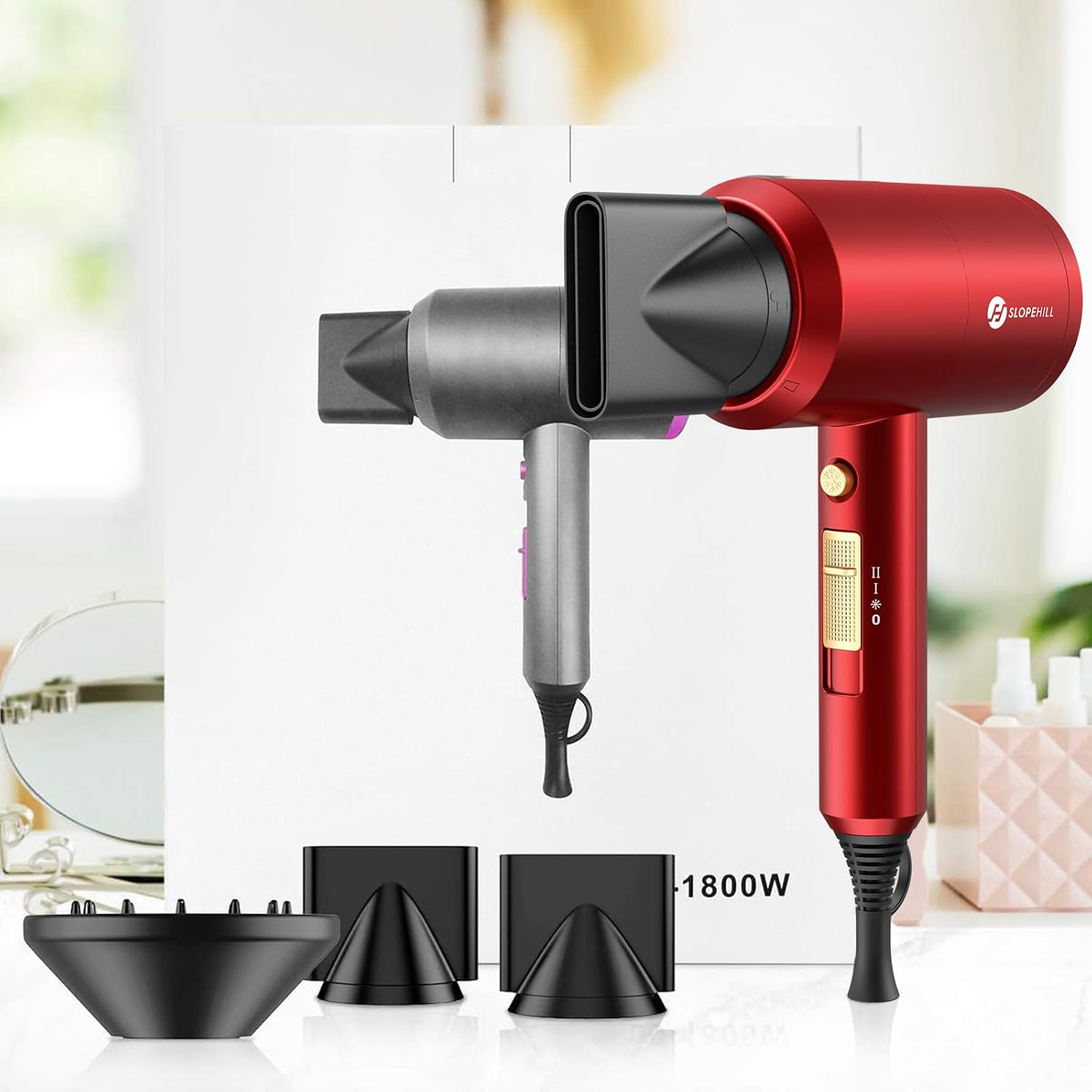 slopehill Professional Ionic Hair Dryer, Powerful 1800W Fast Drying Low Noise Blow Dryer with 2 Concentrator Nozzle 1 Diffuser Attachments for Home Salon Travel (Mocha Mousse)
