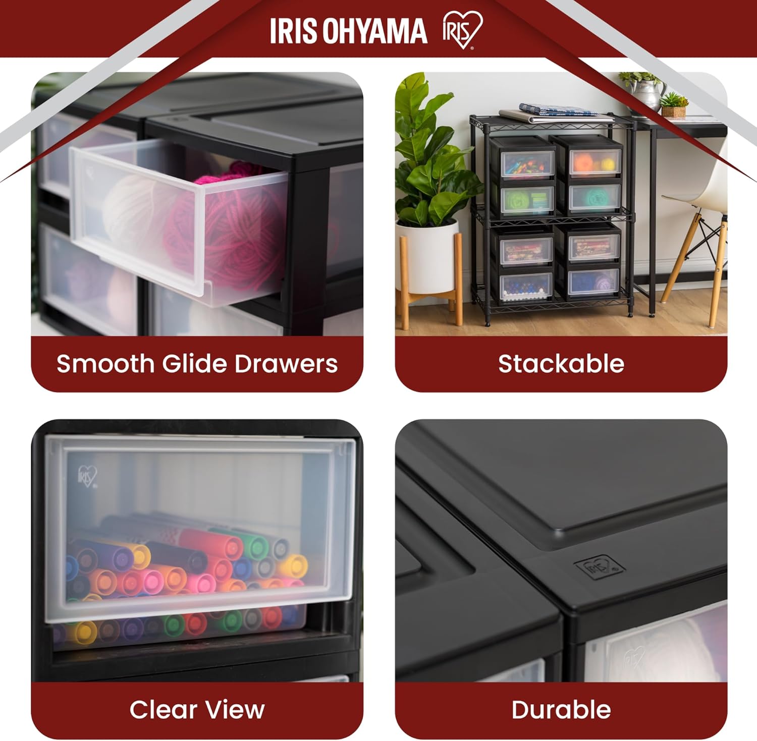 IRIS USA 6 Qt. Plastic Drawer Storage Organizer Stacking Drawers, 8-Pack, Stackable Unit with Sliding Drawer for Clothes Bedroom Kitchen Under Sink Pantry Craft Room Bathroom Dorm Office, Black