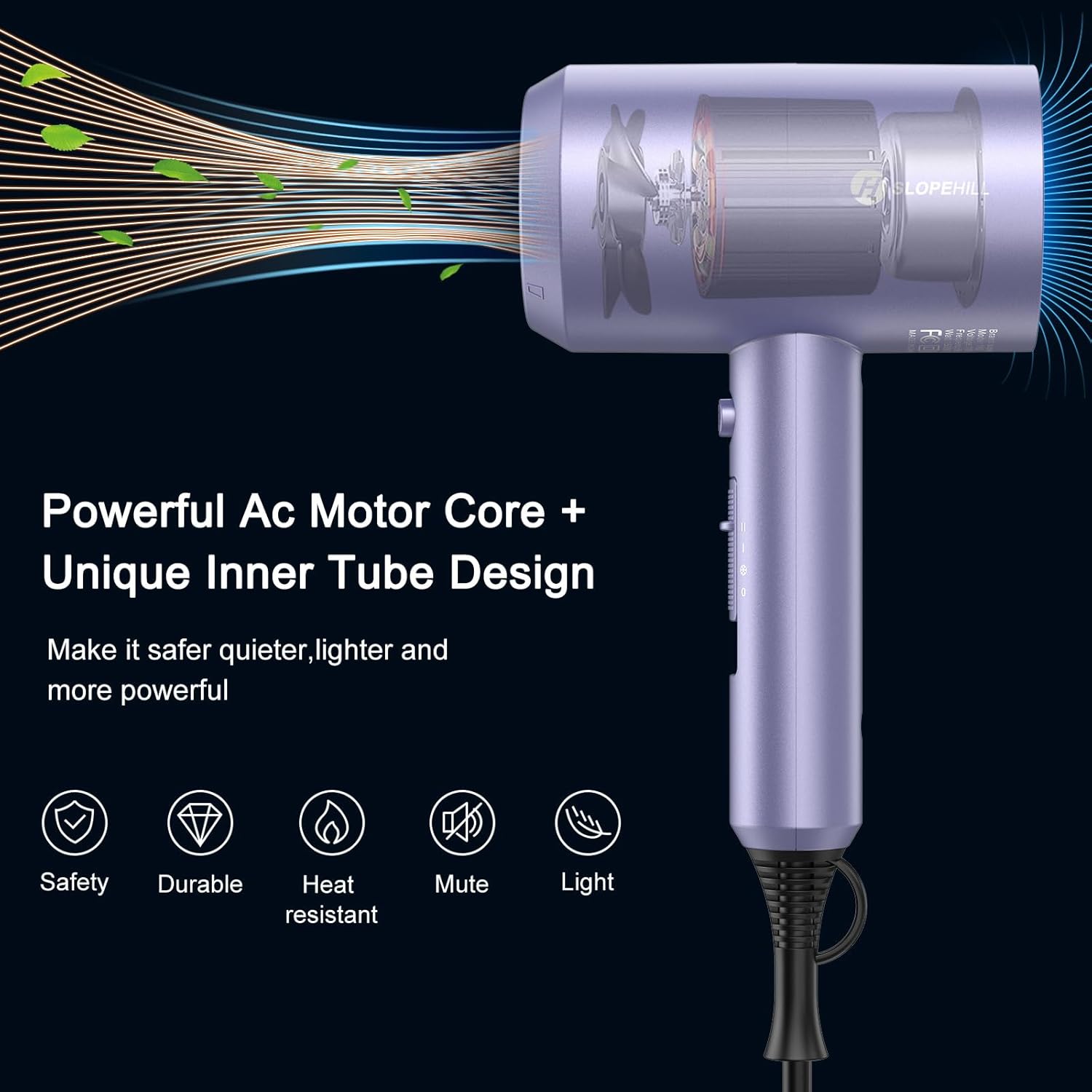 slopehill Professional Ionic Hair Dryer, Powerful 1800W Fast Drying Low Noise Blow Dryer with 2 Concentrator Nozzle 1 Diffuser Attachments for Home Salon Travel (Mocha Mousse)