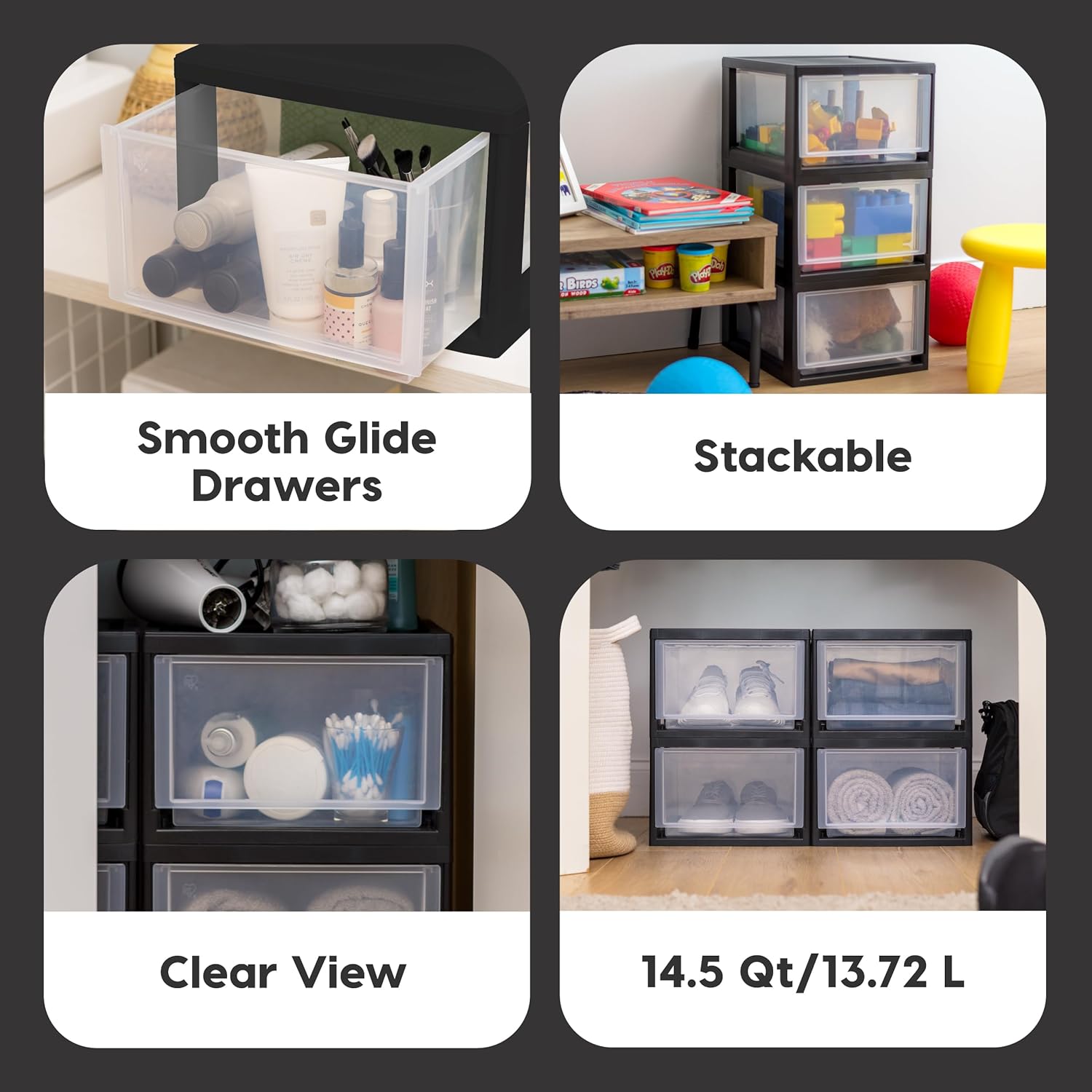 IRIS USA 6 Qt. Plastic Drawer Storage Organizer Stacking Drawers, 8-Pack, Stackable Unit with Sliding Drawer for Clothes Bedroom Kitchen Under Sink Pantry Craft Room Bathroom Dorm Office, Black