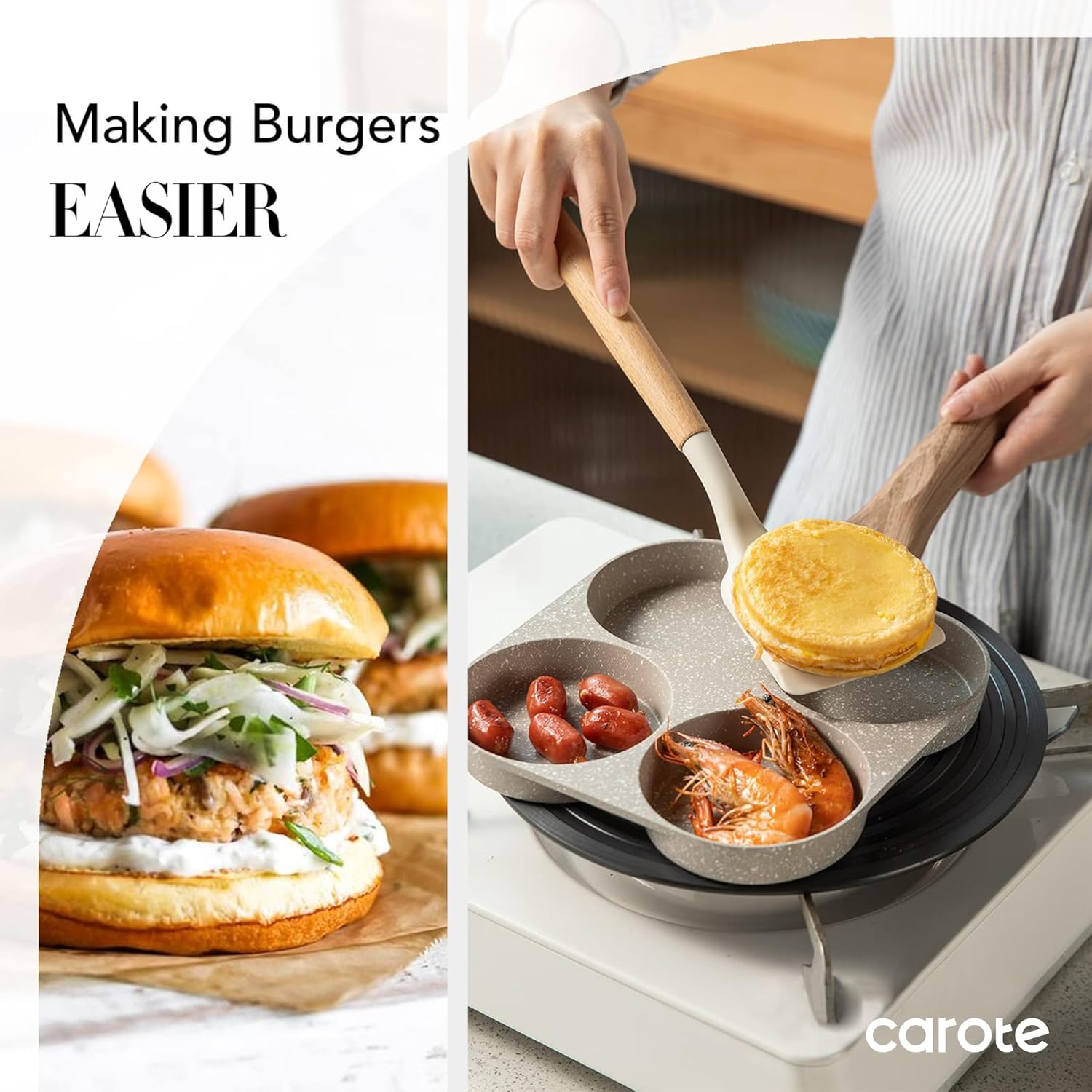 CAROTE Egg Pan Omelette Pan, 4-Cup Nonstick Granite Omelette Skillet - Pancake Pan and Healthy Egg Cooker Suitable for Gas Stove & Induction Cookware