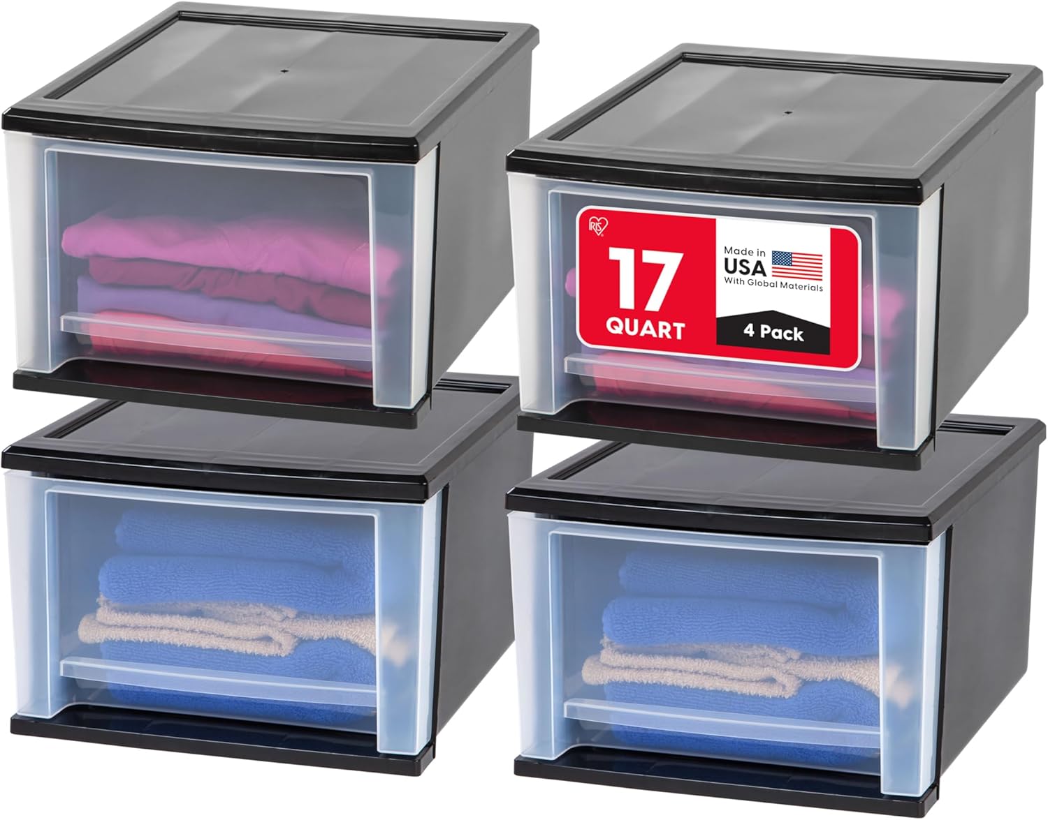 IRIS USA 6 Qt. Plastic Drawer Storage Organizer Stacking Drawers, 8-Pack, Stackable Unit with Sliding Drawer for Clothes Bedroom Kitchen Under Sink Pantry Craft Room Bathroom Dorm Office, Black