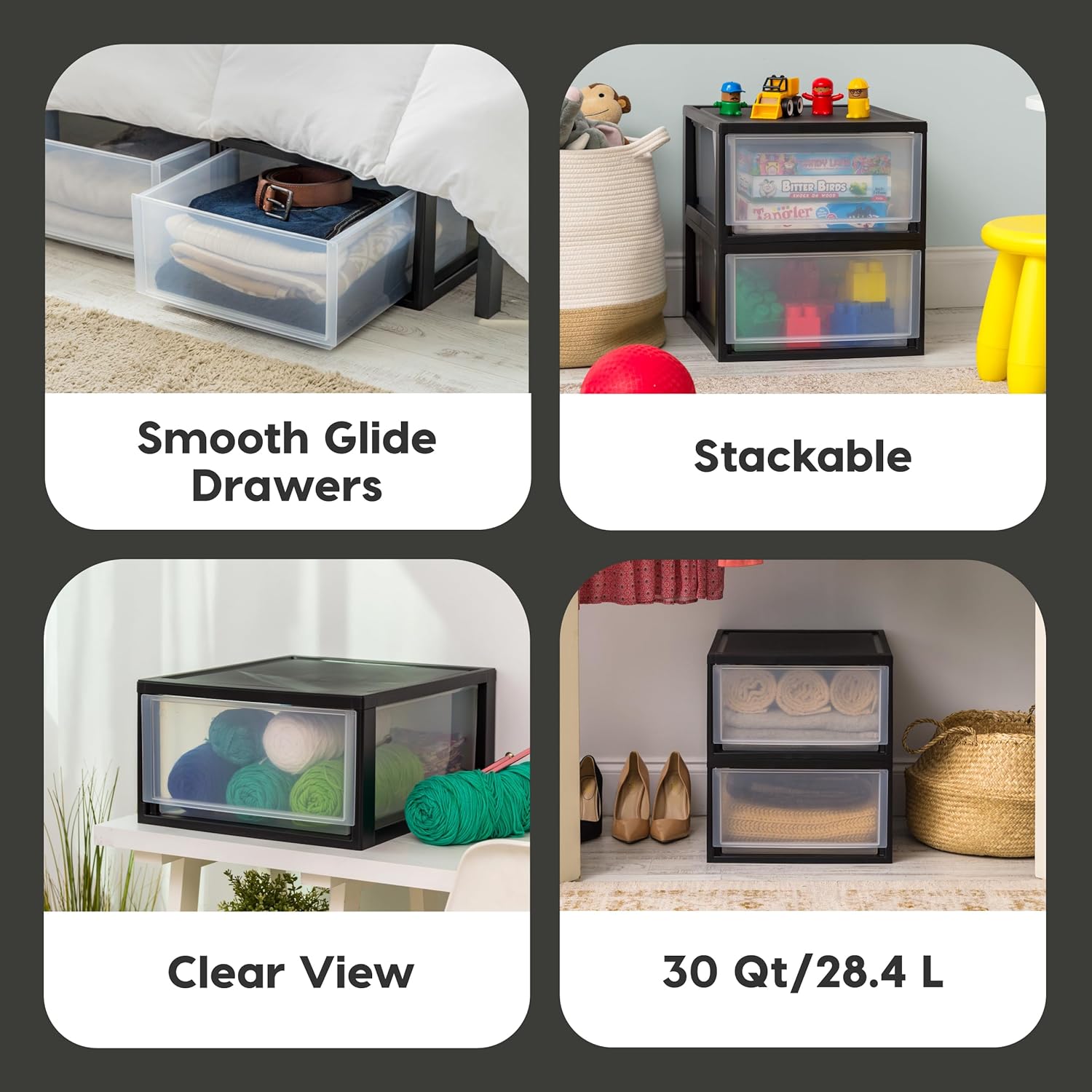 IRIS USA 6 Qt. Plastic Drawer Storage Organizer Stacking Drawers, 8-Pack, Stackable Unit with Sliding Drawer for Clothes Bedroom Kitchen Under Sink Pantry Craft Room Bathroom Dorm Office, Black