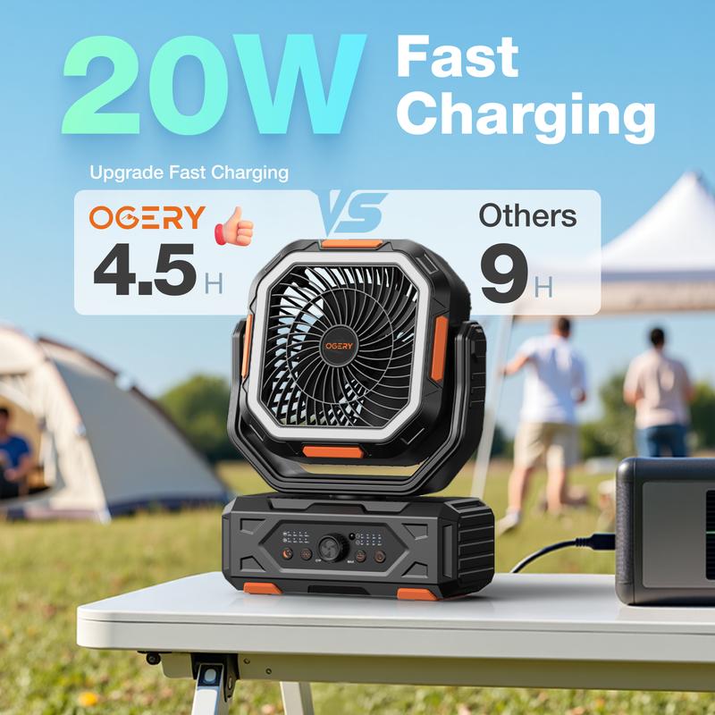 OGERY 2025 Upgraded Camping Fan, 20000mAh Rechargeable Fan with LED Lights & 270° Pivot, Remote Control Shaking Head Desk Fan for Tent Travel Home Multifunction Outdoor Activities