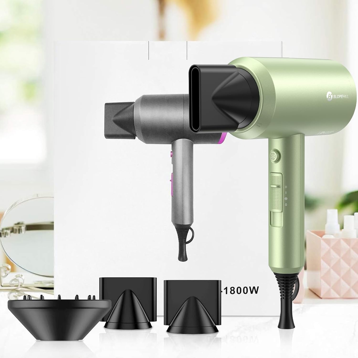 slopehill Professional Ionic Hair Dryer, Powerful 1800W Fast Drying Low Noise Blow Dryer with 2 Concentrator Nozzle 1 Diffuser Attachments for Home Salon Travel (Mocha Mousse)