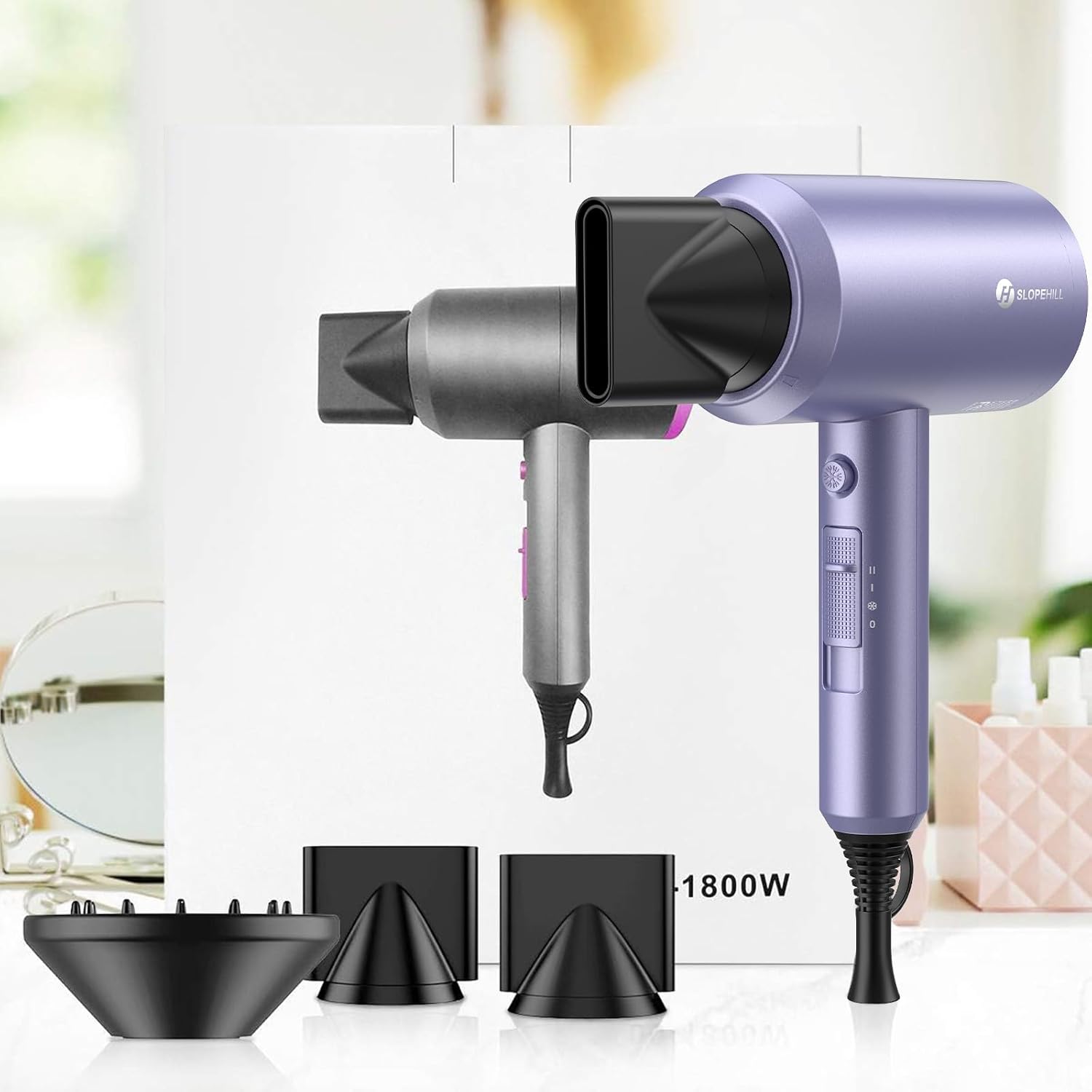 slopehill Professional Ionic Hair Dryer, Powerful 1800W Fast Drying Low Noise Blow Dryer with 2 Concentrator Nozzle 1 Diffuser Attachments for Home Salon Travel (Mocha Mousse)