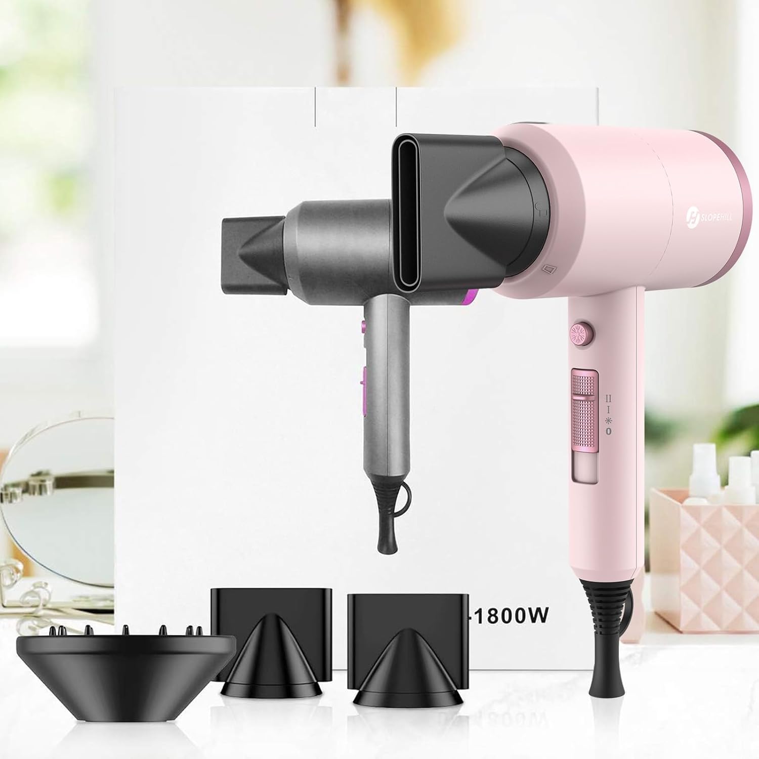 slopehill Professional Ionic Hair Dryer, Powerful 1800W Fast Drying Low Noise Blow Dryer with 2 Concentrator Nozzle 1 Diffuser Attachments for Home Salon Travel (Mocha Mousse)