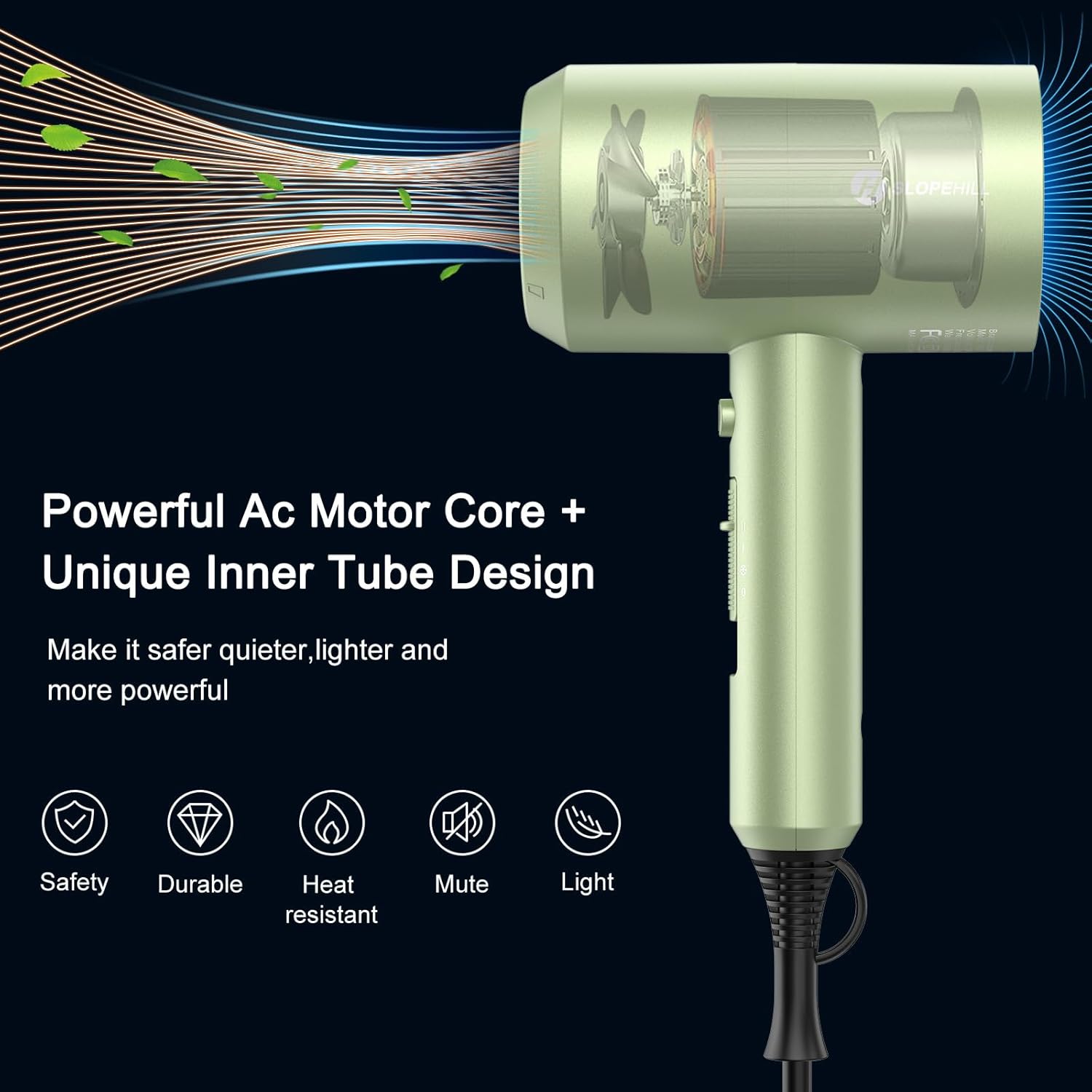 slopehill Professional Ionic Hair Dryer, Powerful 1800W Fast Drying Low Noise Blow Dryer with 2 Concentrator Nozzle 1 Diffuser Attachments for Home Salon Travel (Mocha Mousse)