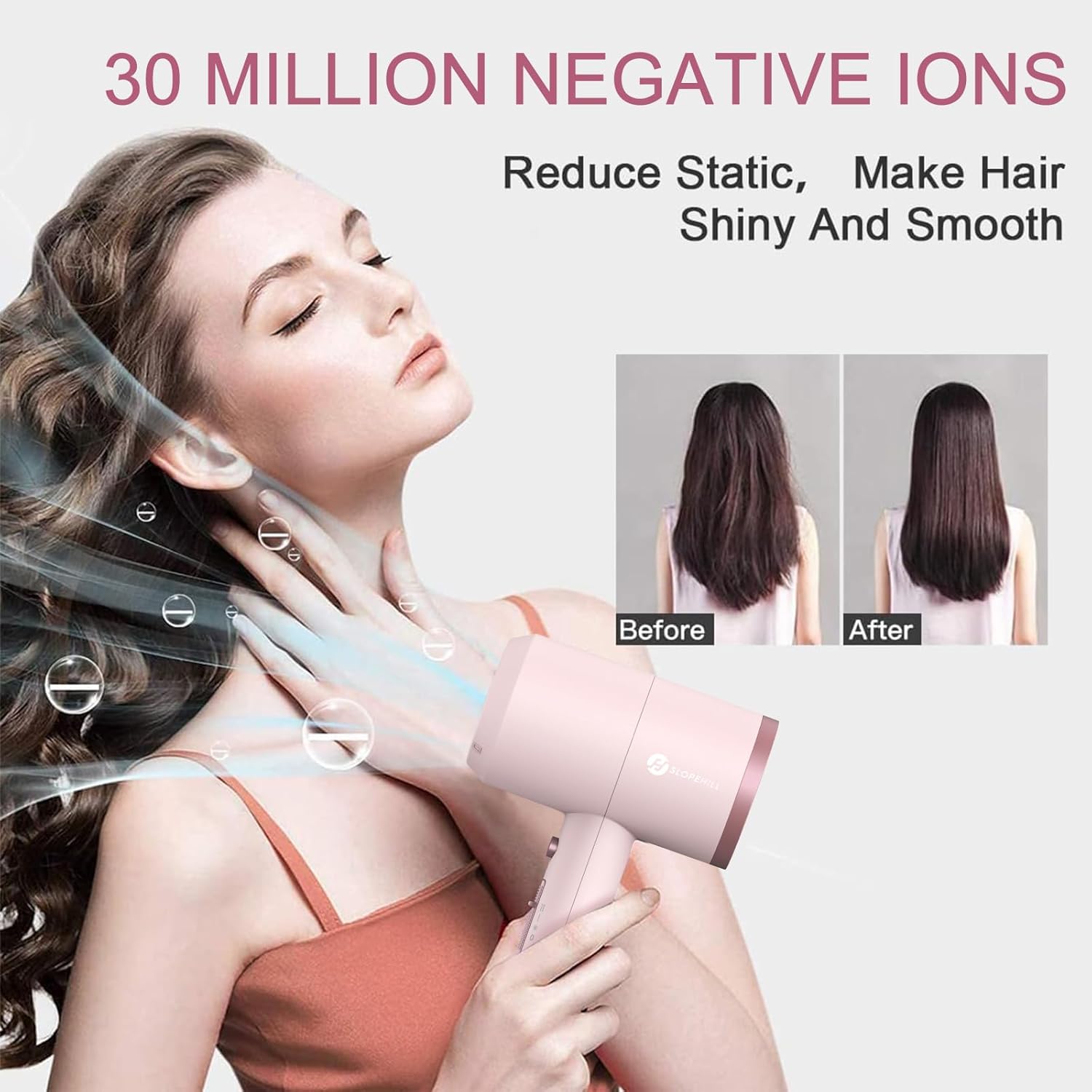 slopehill Professional Ionic Hair Dryer, Powerful 1800W Fast Drying Low Noise Blow Dryer with 2 Concentrator Nozzle 1 Diffuser Attachments for Home Salon Travel (Mocha Mousse)