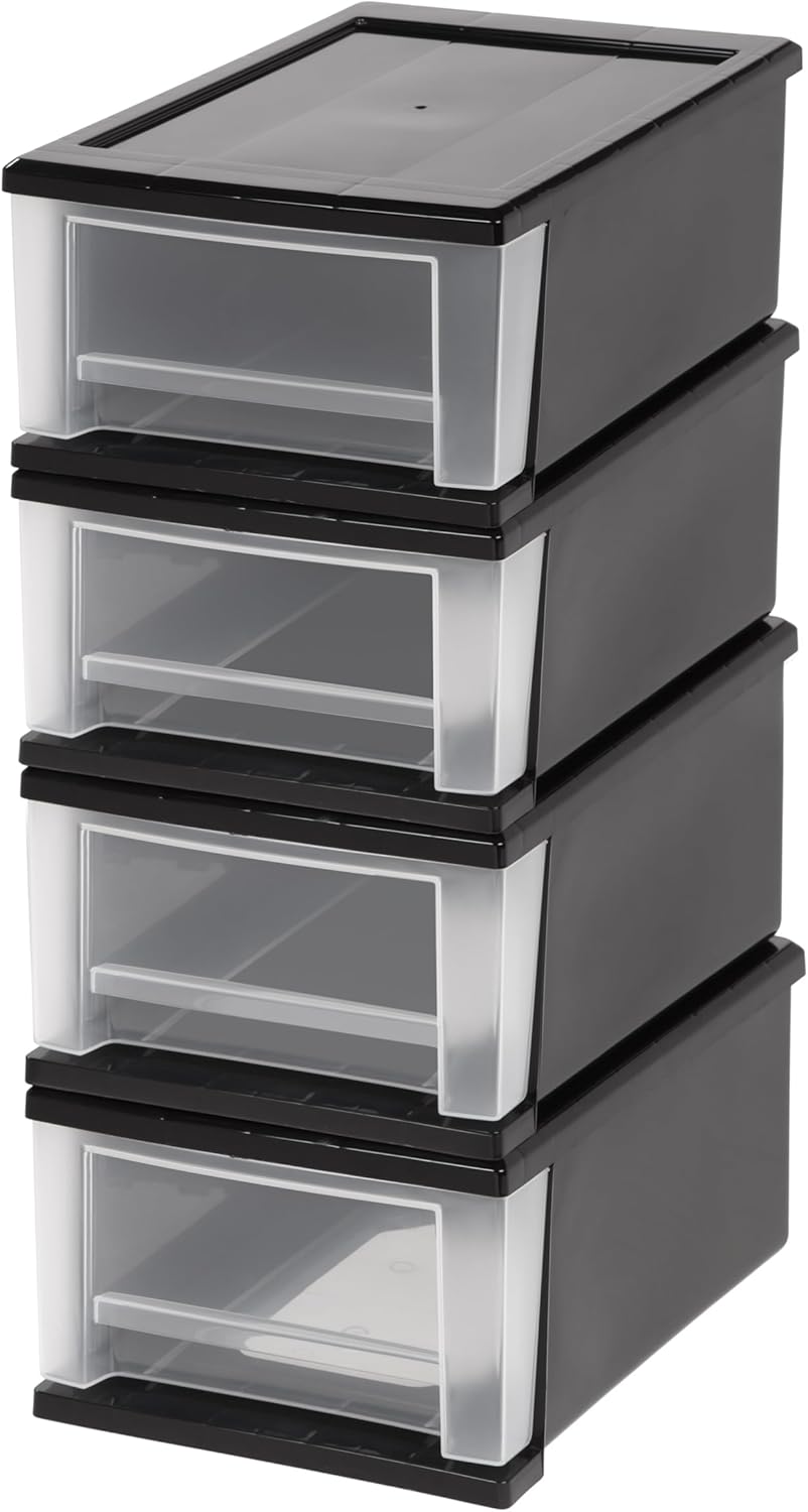 IRIS USA 6 Qt. Plastic Drawer Storage Organizer Stacking Drawers, 8-Pack, Stackable Unit with Sliding Drawer for Clothes Bedroom Kitchen Under Sink Pantry Craft Room Bathroom Dorm Office, Black
