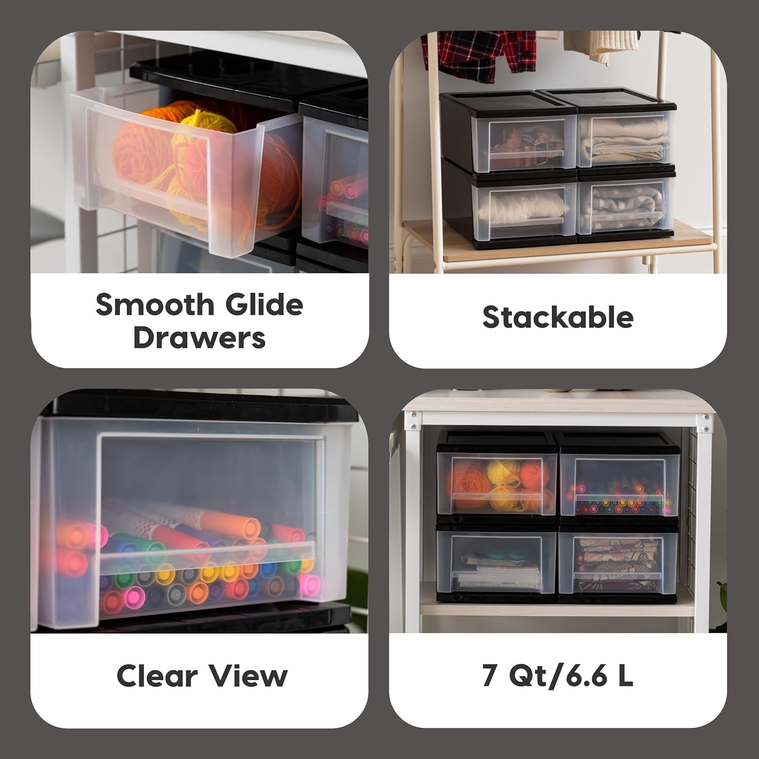 IRIS USA 6 Qt. Plastic Drawer Storage Organizer Stacking Drawers, 8-Pack, Stackable Unit with Sliding Drawer for Clothes Bedroom Kitchen Under Sink Pantry Craft Room Bathroom Dorm Office, Black