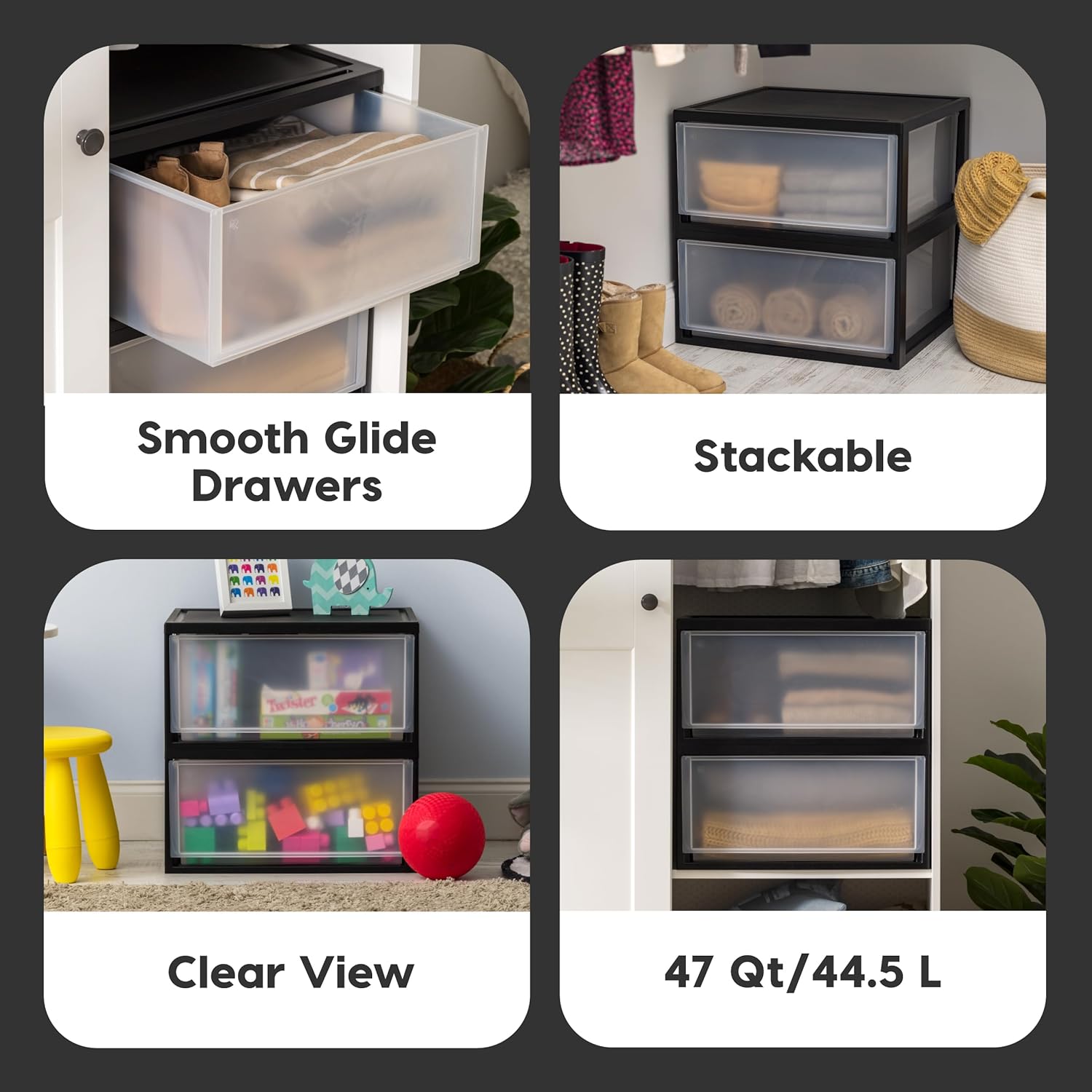 IRIS USA 6 Qt. Plastic Drawer Storage Organizer Stacking Drawers, 8-Pack, Stackable Unit with Sliding Drawer for Clothes Bedroom Kitchen Under Sink Pantry Craft Room Bathroom Dorm Office, Black
