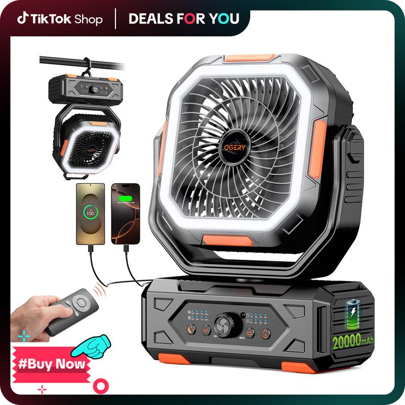 OGERY 2025 Upgraded Camping Fan, 20000mAh Rechargeable Fan with LED Lights & 270° Pivot, Remote Control Shaking Head Desk Fan for Tent Travel Home Multifunction Outdoor Activities