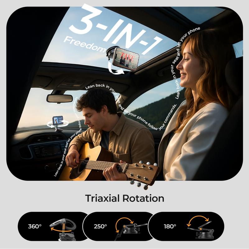 LISEN  Retractable Car Phone Mount - 360° Magnetic Holder with Vacuum Suction Base, One-Touch Secure Lock, Ultra Compact Design (No Charging)